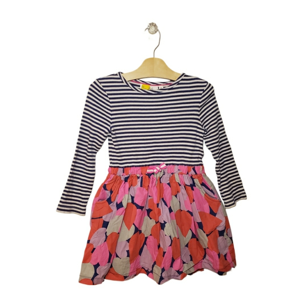 Mini Boden 5-6 Y Girls Striped & Heart Patterned Long Sleeve Dress